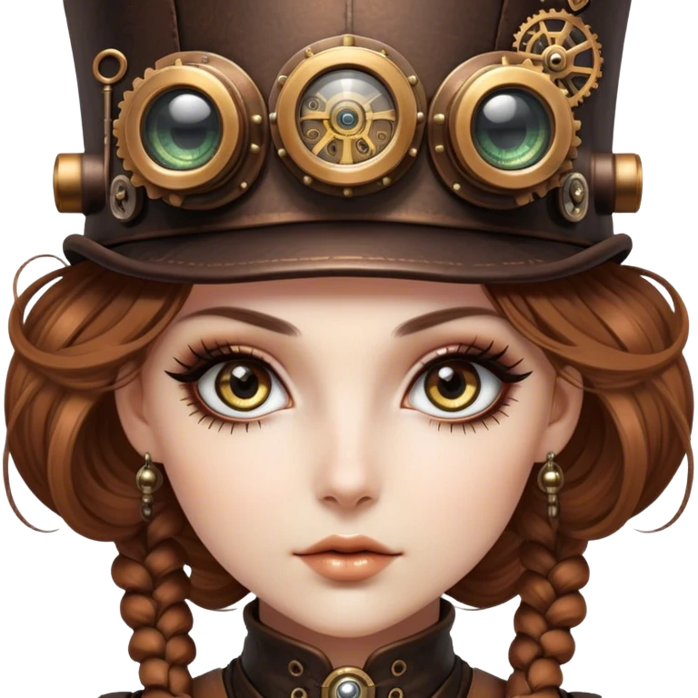Cinematic 32k HD, Beautiful Steampunk style woman with large glistening eyes, ultra realistic details, each lash, eye, and hair is shown in stunning detail as though captured in a timeless photograph, rich textures, visually rich, so lifelike it could leap off the page at any moment emoji