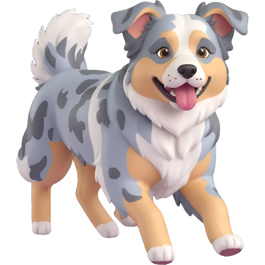 berger américain merle bleu (poil noir plutot que gris/bleu, blanc et marron)  en train de courir sur plage  emoji