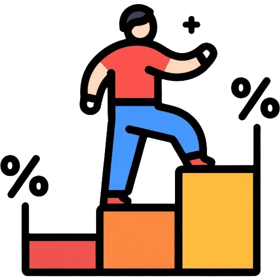 person climbing steps with increasing percentage signs emoji