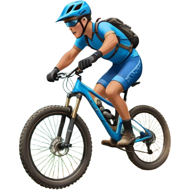 An icon featuring a mountain bike with thick tires on a rugged trail. A cyclist in a helmet rides downhill, kicking up dust. The background showcases a breathtaking mountain landscape with green slopes, rocky peaks, and a bright blue sky. Transparent background emphasizes adventure and speed emoji