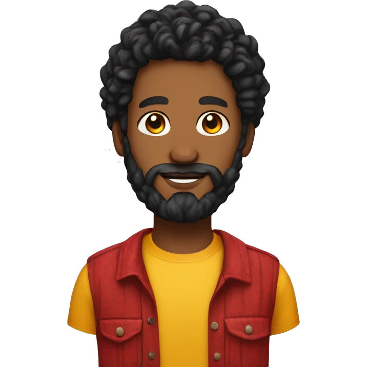 create one black person with 2 strand twists with 5 a full curly black beard snd a red and yellow shirt headshot style be detailed emoji
