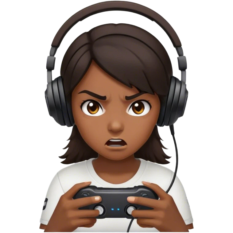 girl with dark brown hair and a black gaming headset. she is angry at the game she is playing emoji