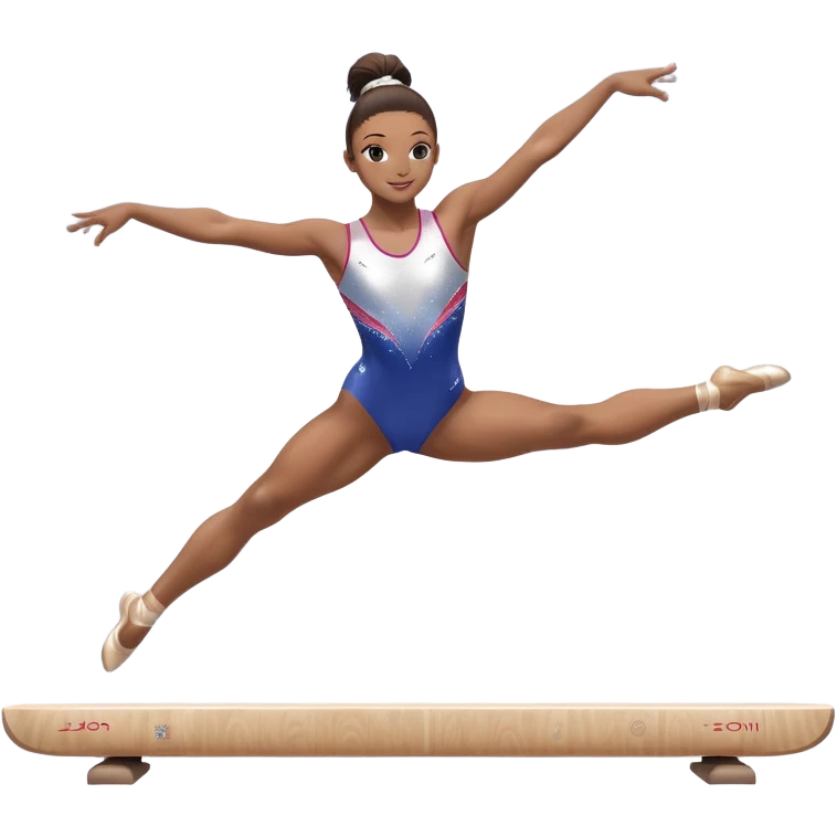 A gymnast performing a flawless routine on the balance beam, showcasing strength and grace. The scene captures the precise, elegant movement with perfect balance and form. The background features a gymnastics arena with vibrant lighting and cheering crowds, emphasizing athleticism and poise. emoji