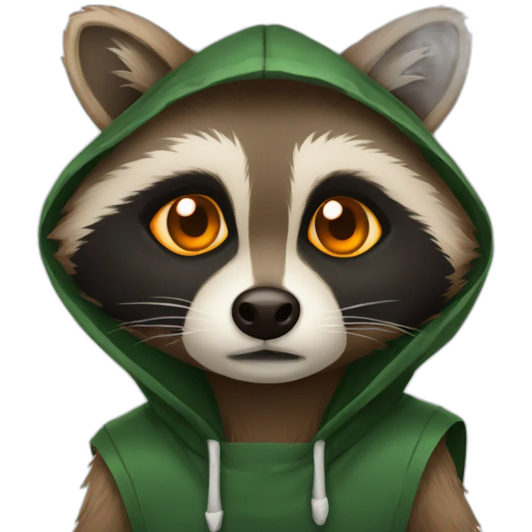 brown raccoon with orange eyes and a dark green hood that is sad emoji