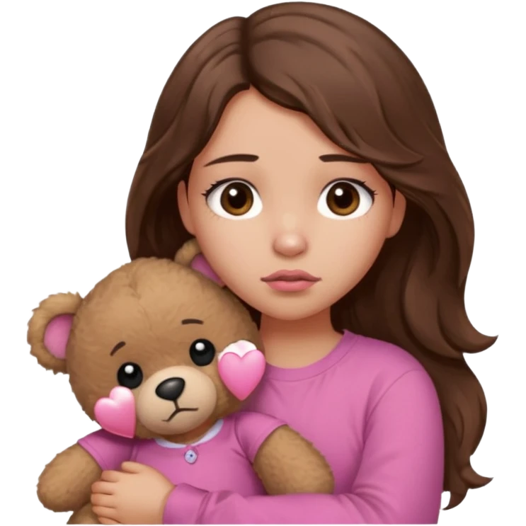 girl with long wavy brown hair, brown eyes, light to medium complexion, in a pink shirt, pink lips, long lashes, sad, hugging a teddy bear with a broken heart emoji