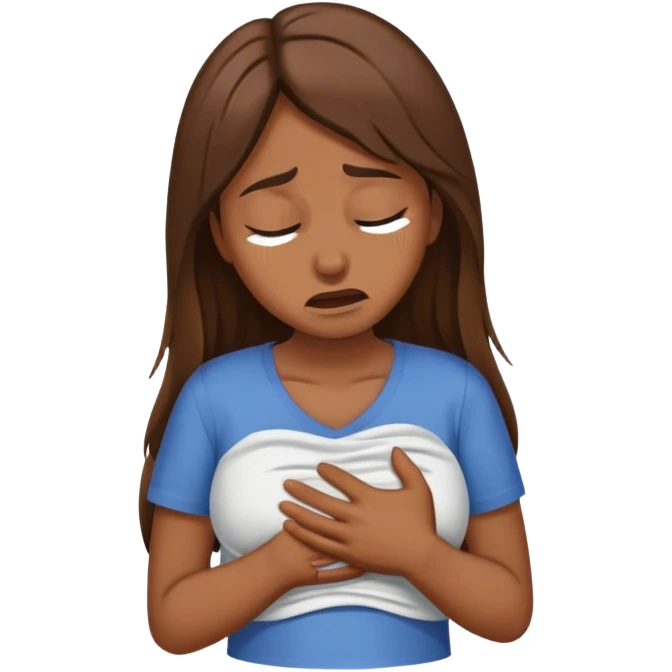 Crying woman with long brown hair rubbing stomach with shirt on emoji