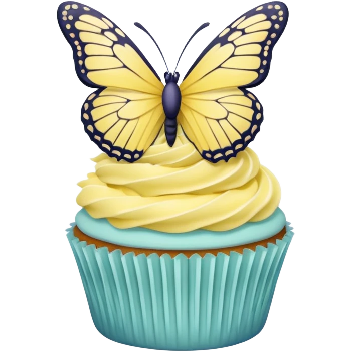 cupcake with pastel yellow frosting and a butterfly decoration emoji
