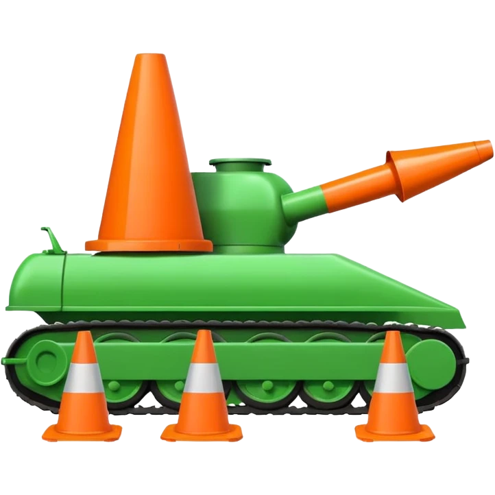 green tank running over and crushing traffic cones, cones visible under the tank, emoji style emoji