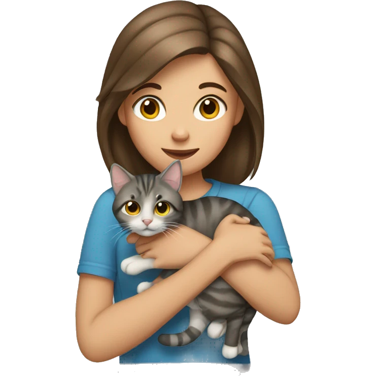 girl with brown hair holding grey tabby cat emoji