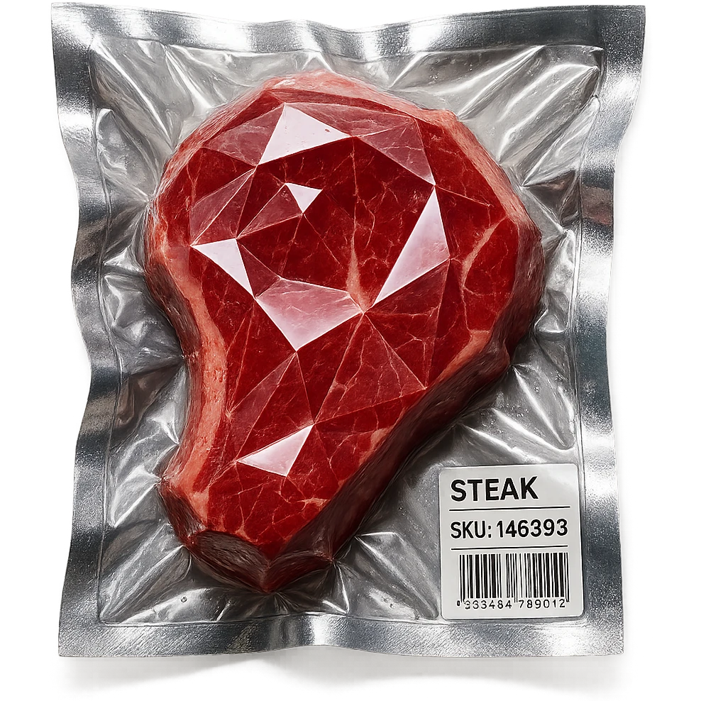 steak with facets like a diamond, very glossy, vacuum-sealed style emoji