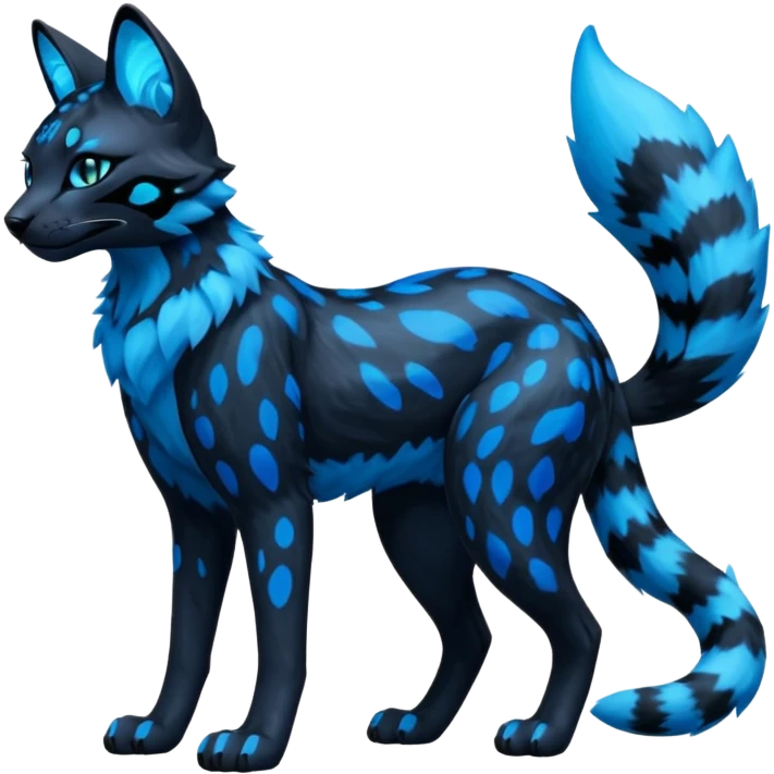 Realistic Obsidian-pitch-black fur body with neon-glowing-blue ring-markings Grem2-Gremz-Serval-Sergal-fusion, full body  emoji