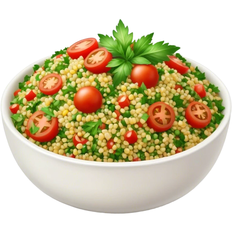 Cinematic Realistic Tabbouleh Salad Dish Emoji, showcasing a fresh herbaceous salad with bulgur, tomatoes, and parsley rendered with crisp textures and natural, vibrant lighting. emoji