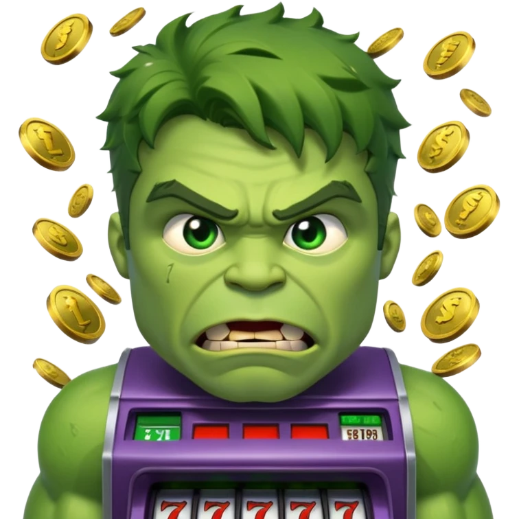 disheveled hulk losing money at a slot machine, panicked face, coins flying emoji