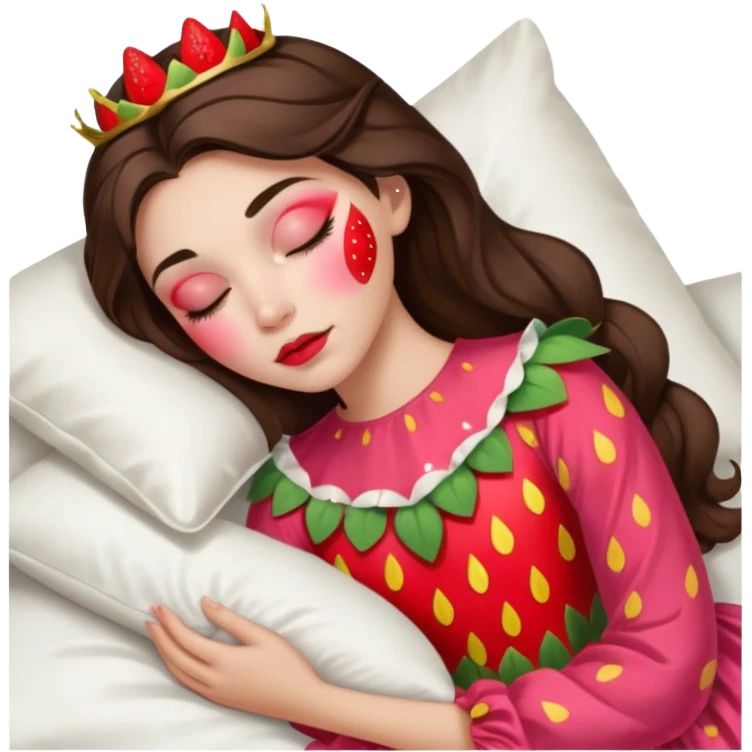 sleeping beauty brunette white girl with a silk pillow strawberry dress with her face painted strawberry emoji