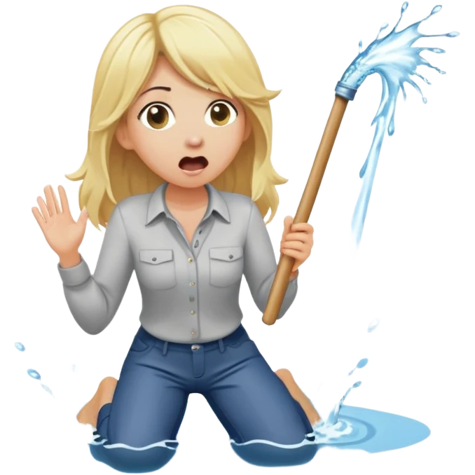 cartoonish blond woman kneeling with surprised expression, a wide cartoonish stick with a D-shaped knob coming out of a pair of pants hanging in front of her face, water stream squirting from the flat side of the knob into her open mouth emoji