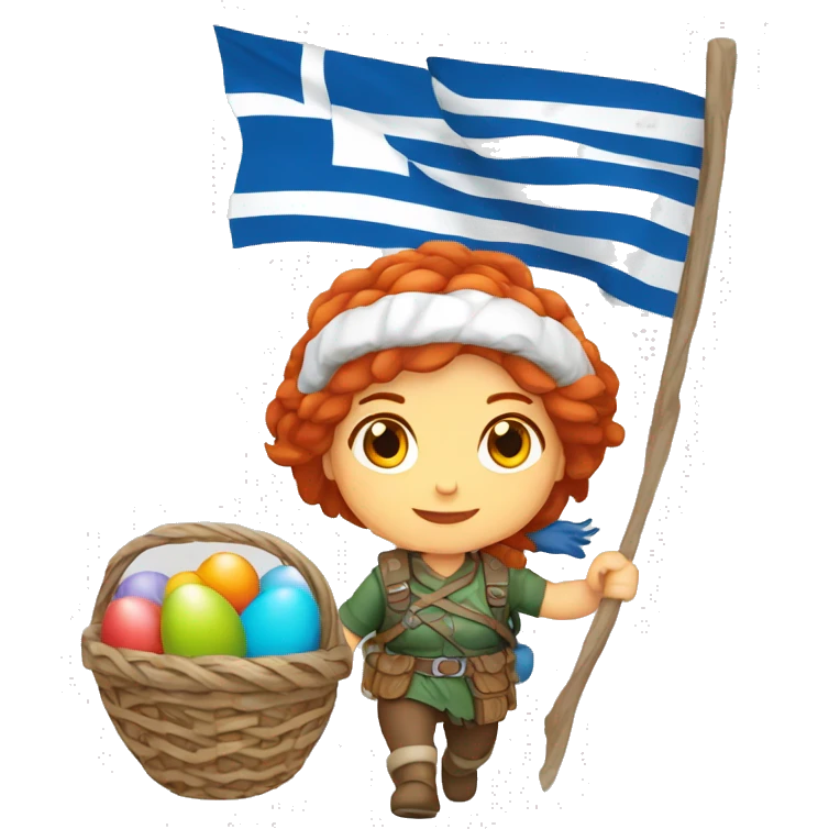 Greek Female winter mountaineer red hair white skin climbing with Greek Flag and Easter eggs basket emoji