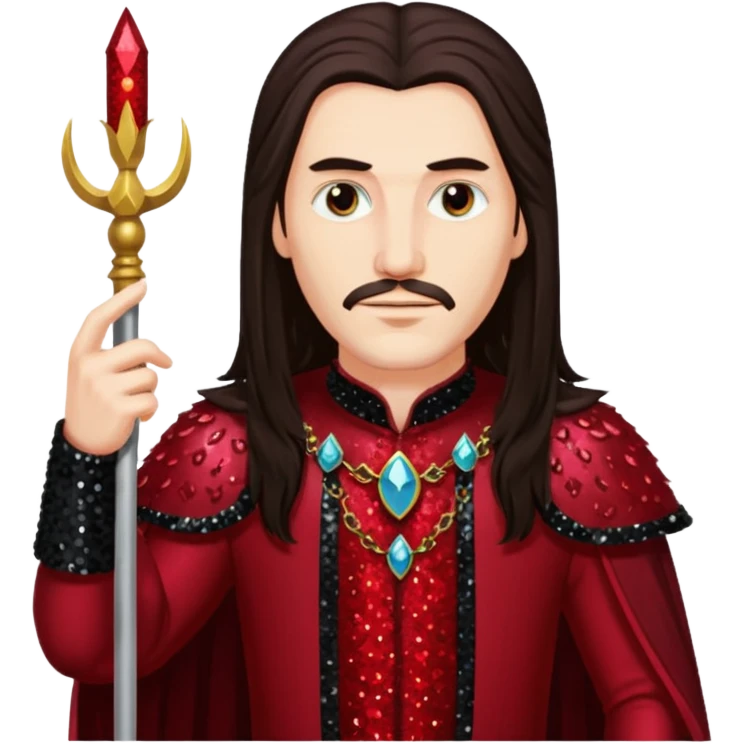 Vlad Tepes with long dark brown hair, dark red sequin outfit emoji
