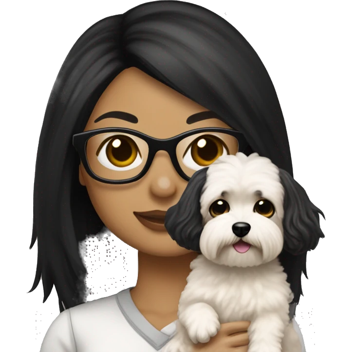 Tan skinned woman with black straight hair and black glasses holding white MaltiPoo dog emoji