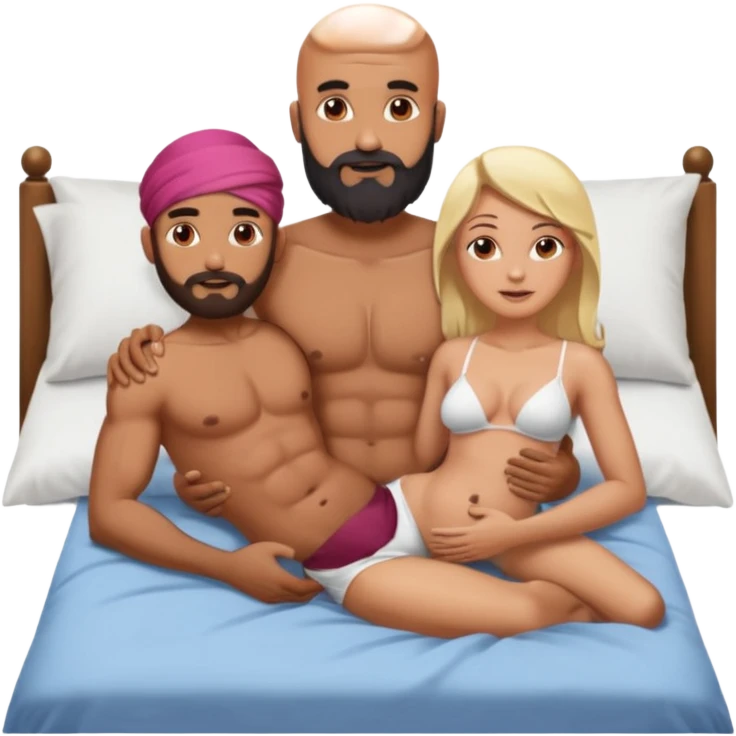 Fully Naked Indian bald man with a beard in bed holding vagina of naked blonde fit woman emoji