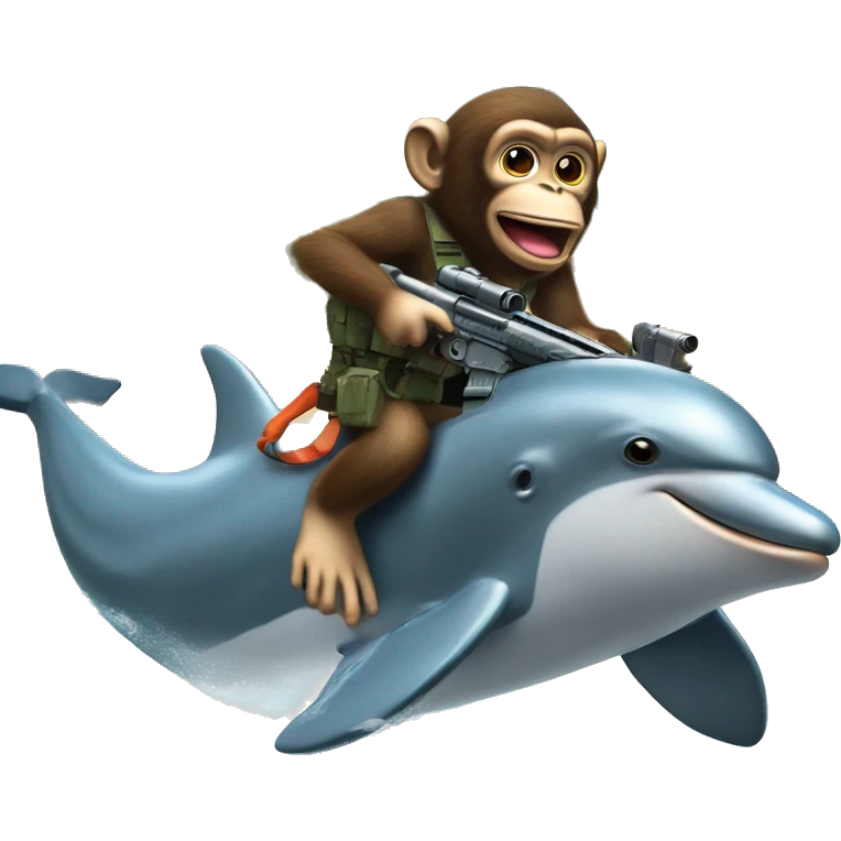 Monkey riding a dolphin while shooting machine guns  dolphins has rocket launchers on his belt    emoji