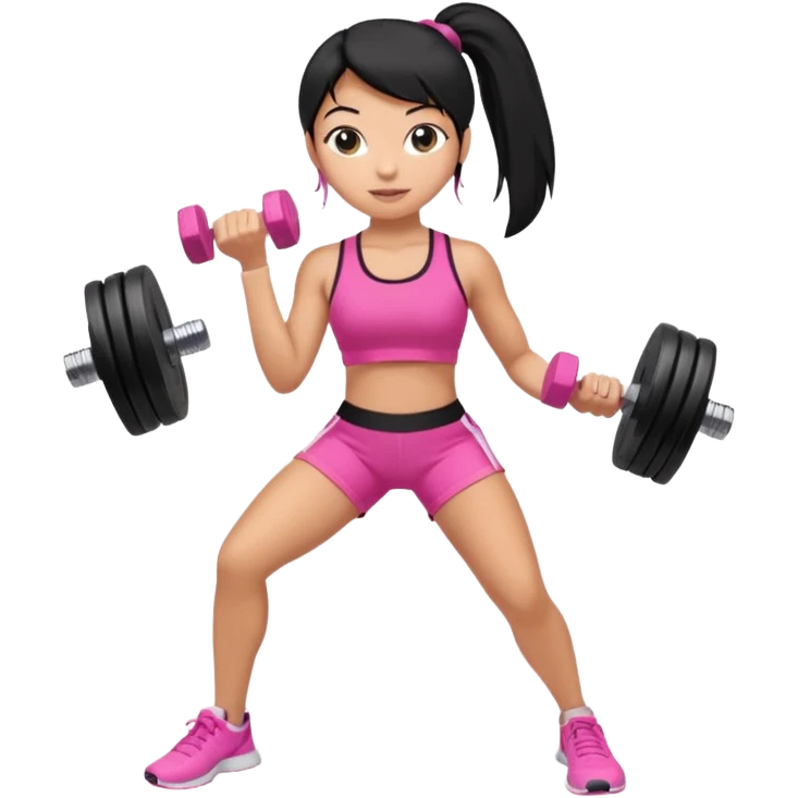 A tan girl with black hair in a ponytail. Wearing a pink gym set. Picking up dumbells emoji