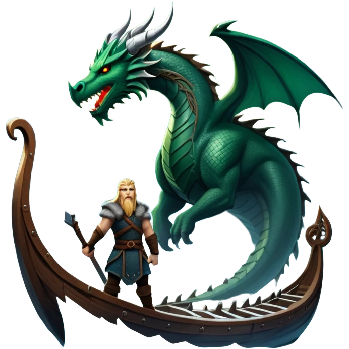 An icon representing an adventure game, inspired by Norse mythology. The design features a fierce Viking warrior standing at the prow of a dragon-headed longship, sailing through icy waters. Snow-capped mountains loom in the distance as the northern lights dance overhead, evoking a sense of conquest, mystery, and legend. Transparent background. emoji