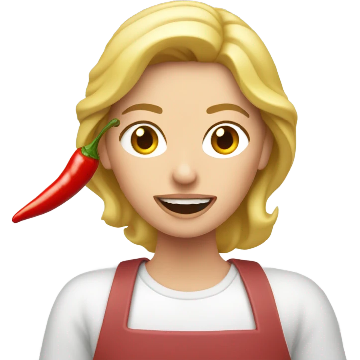 Una mujer cabellos blanco comiendo carne con chile  emoji