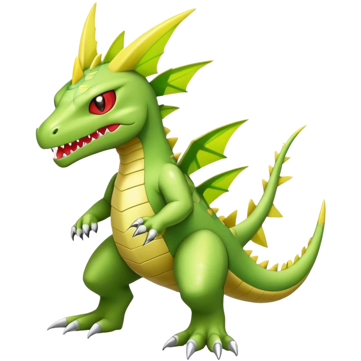 Cool cute shiny futuristic Flygon-Tyranitar-Digimon-hybrid-fusion, yellow belly, full body emoji