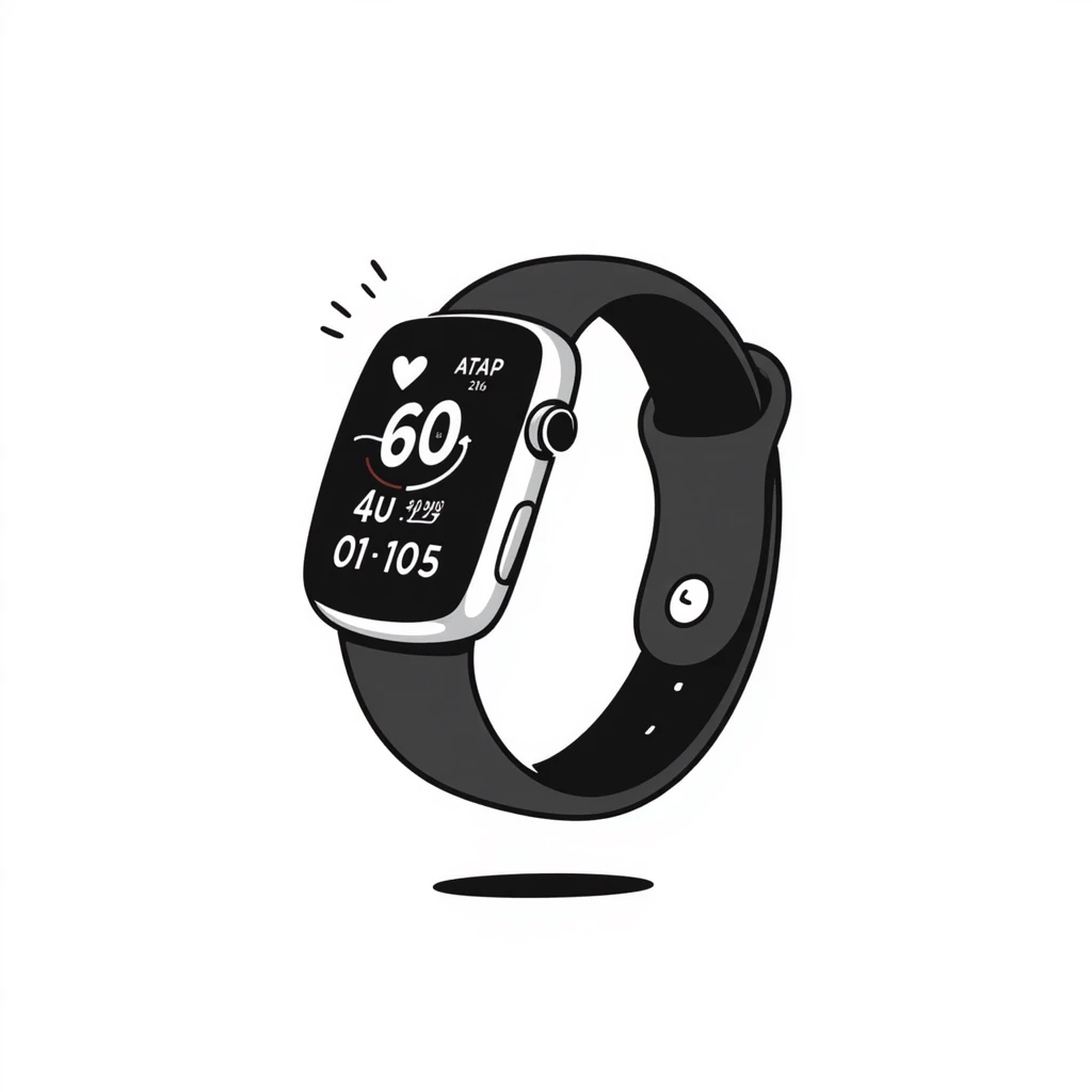 A fitness smartwatch with health tracking display in pastel colors (dd9fb0, ffc6d3, a3bfc9, c4bee2, f1b091), hand-drawn doodle style emoji