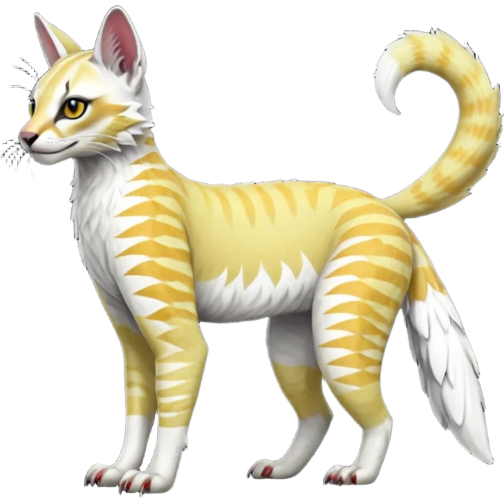 Realistic Colorful tropical tribal fruity exotic albino neon vibrant zigzagged fantasy-caracal-civet-genet-sergal-vernid-Gryphon-Cacomistle-Trico-oncilla-animal-Fakémon-hybrid-fursona (full body), facial markings, (realism style) emoji