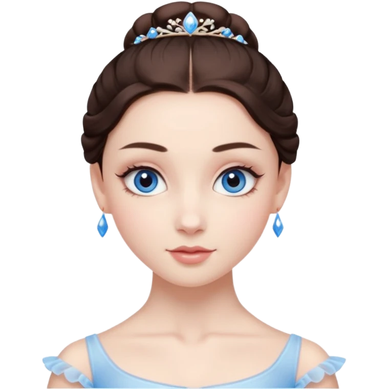 Realistic Ballerina Portrait, with porcelain-like skin featuring a natural rosy flush, illuminated by soft lighting that highlights the gentle contours of her face. Her Brunette hair flows in soft, Her deep blue eyes radiate warmth and innocence, framed by arched brows and long lashes. emoji