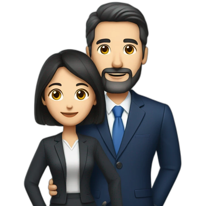 husband middle aged executive classic dark hair thin beard wearing dark blue business suit and bible, with wife filipina age 55 dark hair emoji