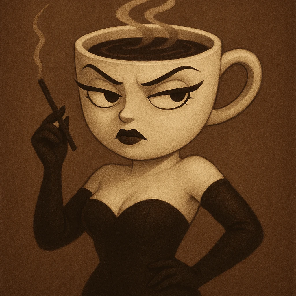 Edit the coffee cup woman character to have an annoyed expression with narrowed eyes and a pouty mouth. Keep the original style and character intact, only modify the eyes and mouth to reflect this expression. emoji