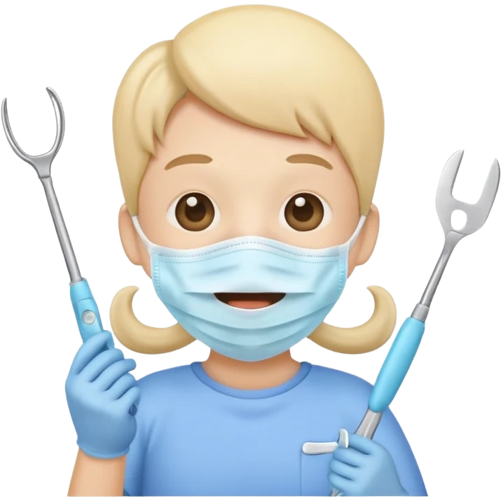 Cute tooth character wearing a face mask, holding dental tools, friendly and clean emoji style, flat illustration, simple design, white background. Diente animado no person emoji