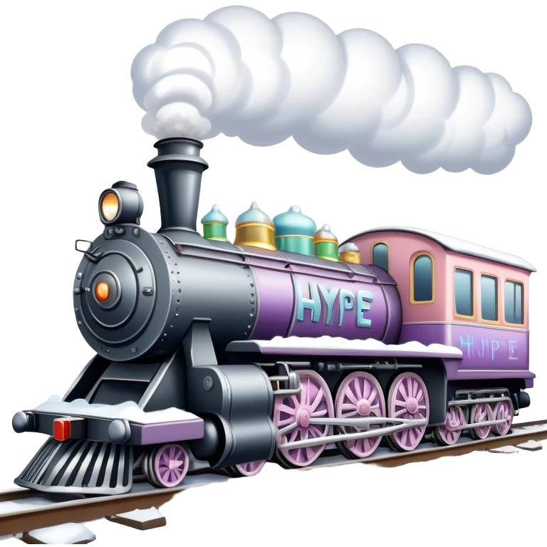 Realistic old fashioned Christmas steam train with pastel colors and shiny metallic silver decorated with diamonds and rhinestones sitting on train tracks on top of snow isolated with graffiti of the word Hype on it emoji