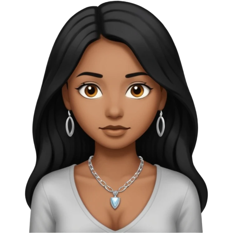 Brown skin girl with long black hair with 4 edges 2 on each side wearing a v-cut neckline shirt with a silver necklace emoji
