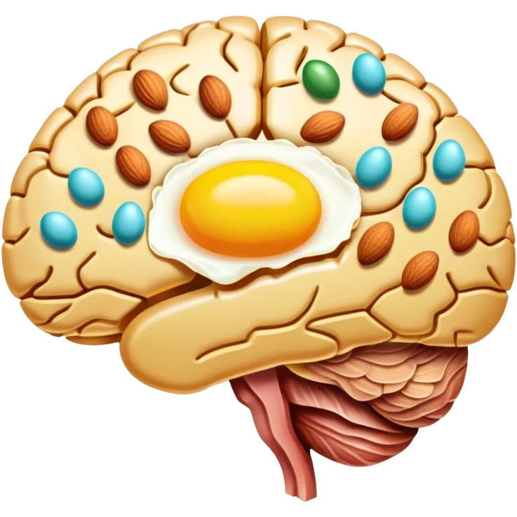 Glowing brain near a shimmering liver, with choline-rich foods floating around them: eggs with bright yellow yolks, clusters of almonds, cuts of lean meat, and dairy products. Golden connections flow between the foods and organs, showing the pathway of this essential nutrient. emoji