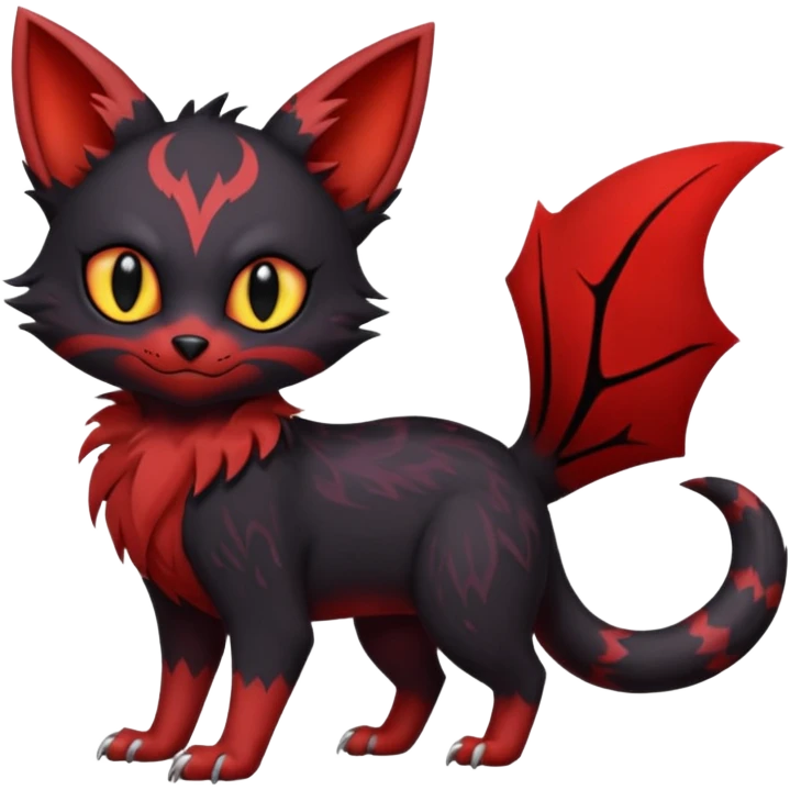 Vampiric Batty Black and Sanguine-red Noibat-Litten-Torracat-Lykoi-hybrid-fusion (full body) emoji