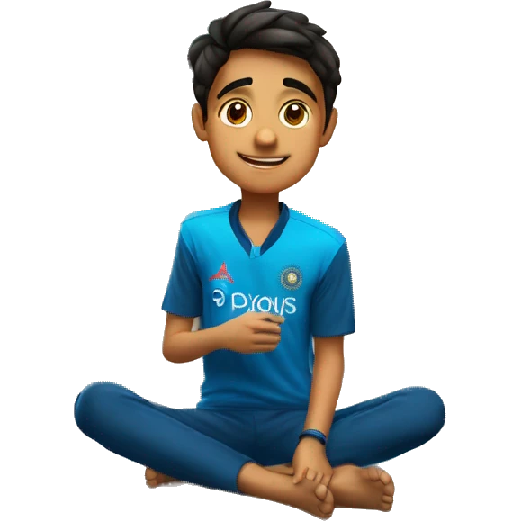 a teenage boy sitting in his room and watching Indian cricket match on tv. the boy is wearing an Indian jersey - with Prince 45 name shivraj with on it Pplyto al emoji