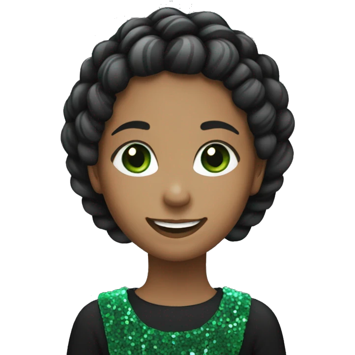 smiling girl with braided hair wearing black with green sequins emoji