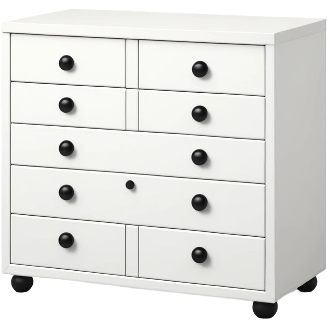 A sleek white 6-drawers chest with round small black knobs — with minimalist charm. ikea inspire emoji