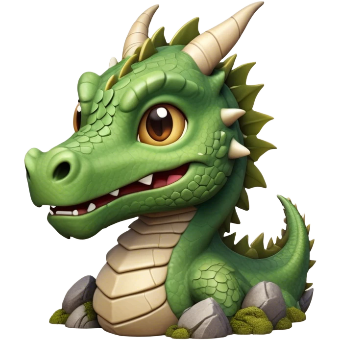 Cinematic Cute Giant Rock Dragon Portrait Emoji, Head tilted playfully and inquisitively, showcasing a robust, stone-carved body with intricately detailed, craggy textures in natural earthen tones accented by soft hints of moss, and a surprisingly gentle, endearing expression; rendered with lifelike clarity and warm, natural light, high shine, mighty yet endearing, styled with a touch of ancient, stony whimsy, soft glowing outline, capturing the essence of a mischievous stone guardian poised to rumble playfully into your embrace! emoji