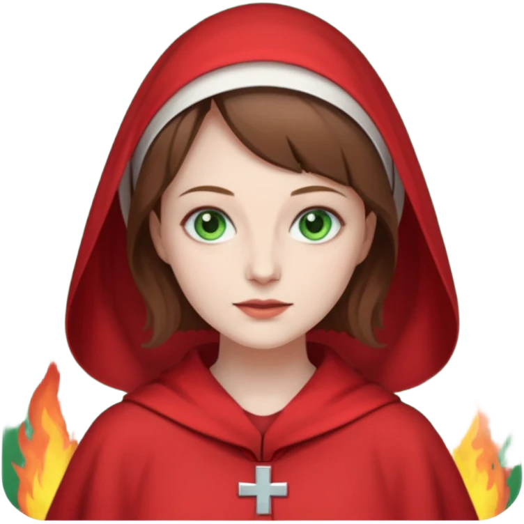Handmaid woman with brown hair and green eyes. Only head. Background fire emoji