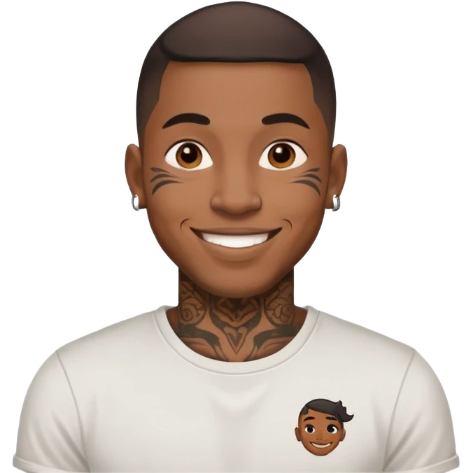 black man with face tattoos, smiling, wearing a t-shirt emoji