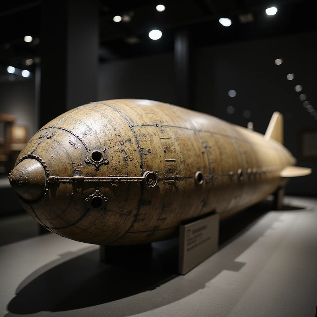 torpedo, detailed texture, realistic lighting, in a museum exhibit emoji
