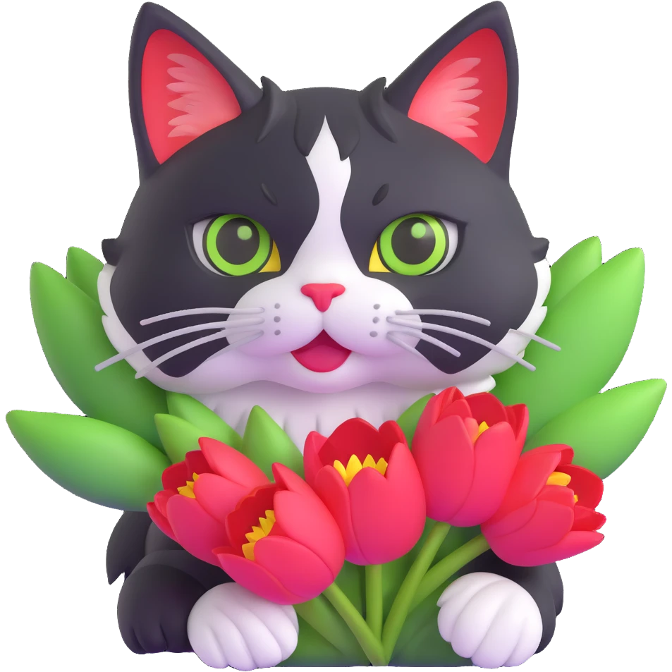tricolor fluffy cat with big green eyes holding red tulips in her arms emoji