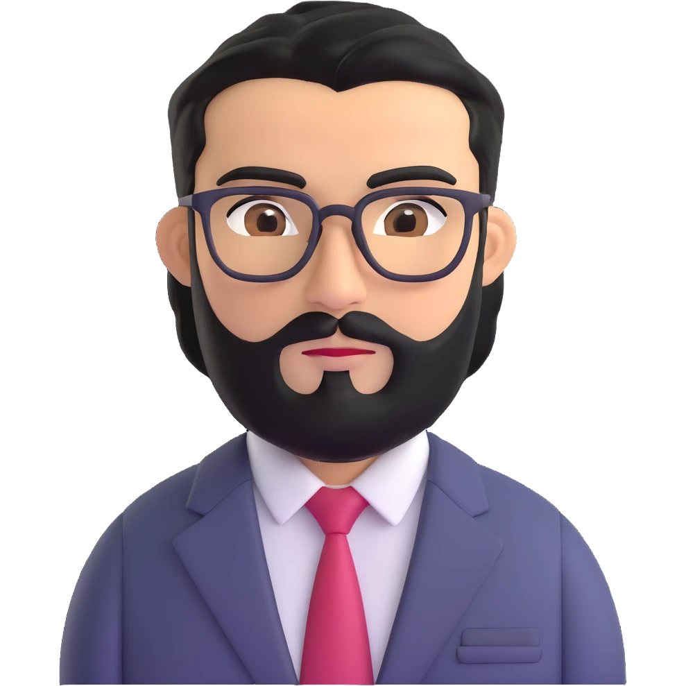 professional middle eastern businessman with medium length black beard, black hair, thick unibrow, tan skin, brown eyes, glasses, wearing a formal suit and tie emoji