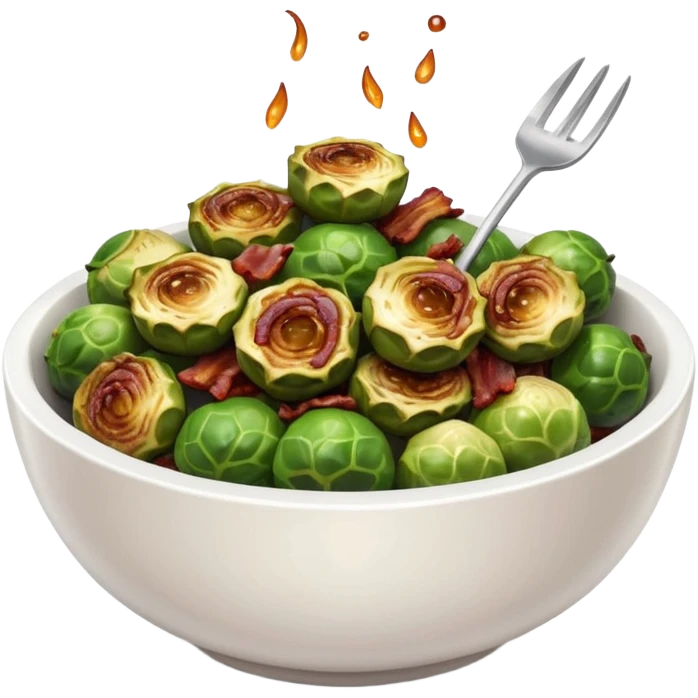 realistic crispy grilled charred brussel sprouts with bacon bits with maple syrup drizzle in white bowl emoji