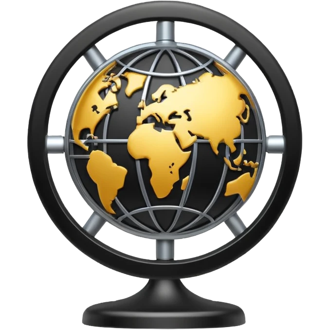 Minimal black line icon of a gear and globe, with circuit-style connected nodes, flat vector style, thin stroke, white background, representing global system configuration and connectivity. emoji