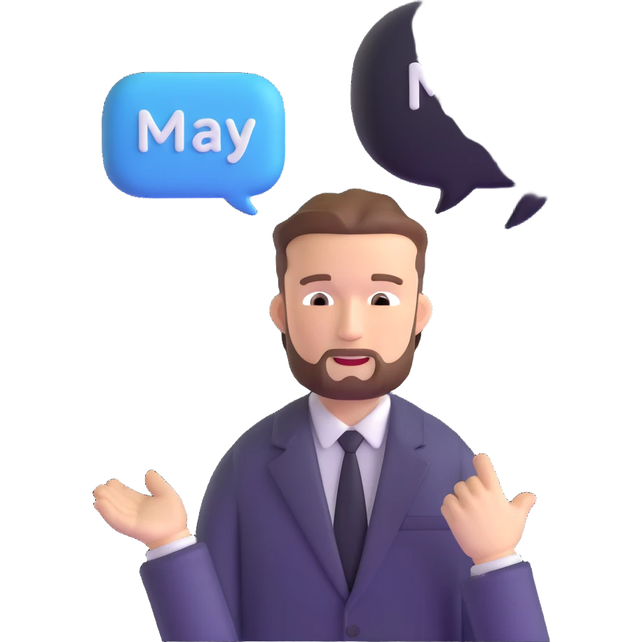 Justin Timberlake lookalike with speech bubble 'MAY' emoji